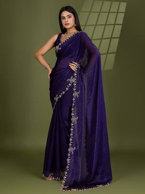 violet silk blend swaroski work saree with unstitched blouse 2
