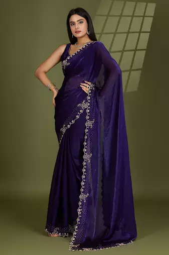 violet silk blend swaroski work saree with unstitched blouse