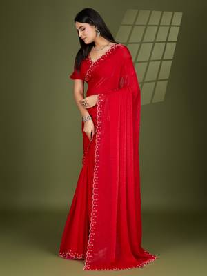 red silk blend swaroski work saree with unstitched blouse 2