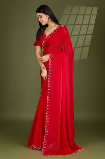 red silk blend swaroski work saree with unstitched blouse