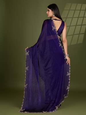 violet silk blend swaroski work saree with unstitched blouse 3