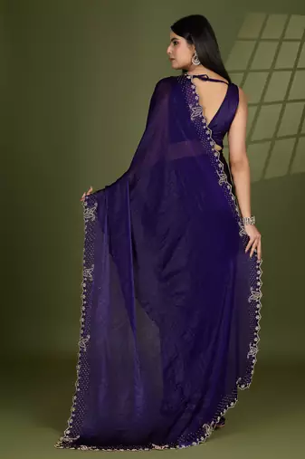 violet silk blend swaroski work saree with unstitched blouse