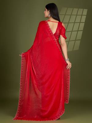red silk blend swaroski work saree with unstitched blouse 3