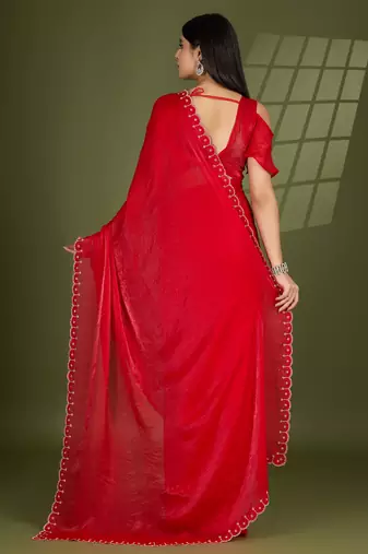 red silk blend swaroski work saree with unstitched blouse