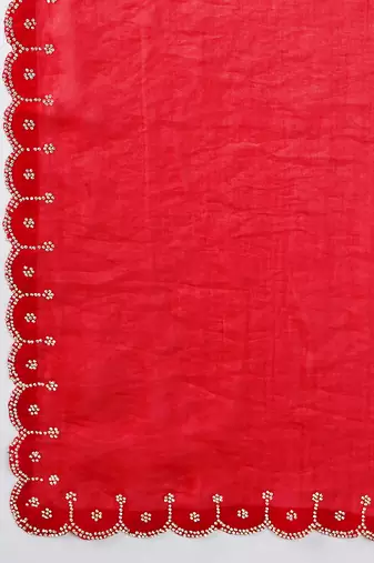 red silk blend swaroski work saree with unstitched blouse