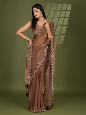 beige silk blend swaroski work saree with unstitched blouse 2