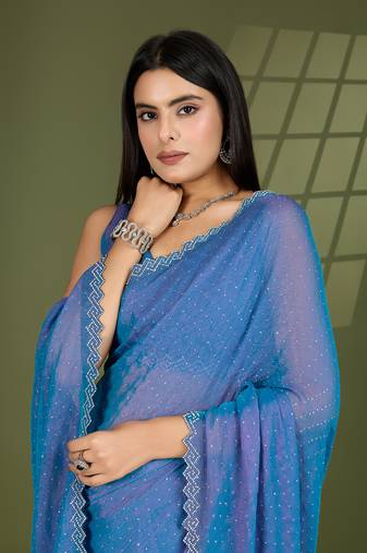 blue silk blend swaroski work saree with unstitched blouse