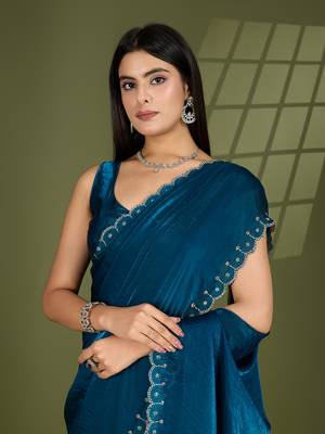 teal silk blend swaroski work saree with unstitched blouse 2