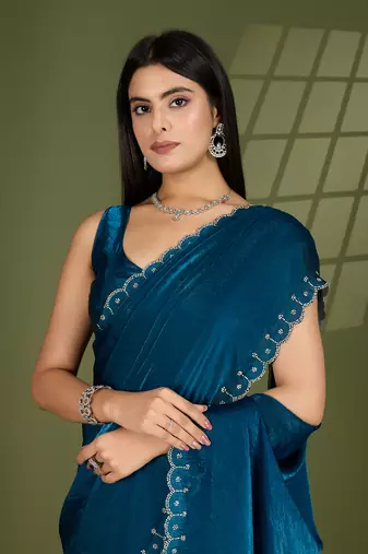 teal silk blend swaroski work saree with unstitched blouse
