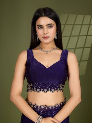 violet silk blend swaroski work saree with unstitched blouse 5