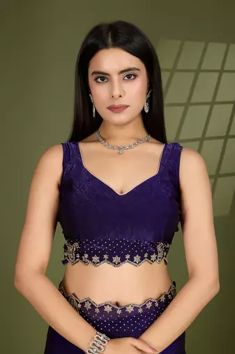 violet silk blend swaroski work saree with unstitched blouse