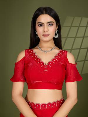 red silk blend swaroski work saree with unstitched blouse 5