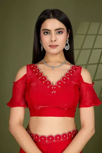 red silk blend swaroski work saree with unstitched blouse