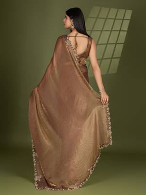 beige silk blend swaroski work saree with unstitched blouse 3