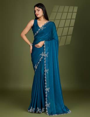teal silk blend swaroski work saree with unstitched blouse 1