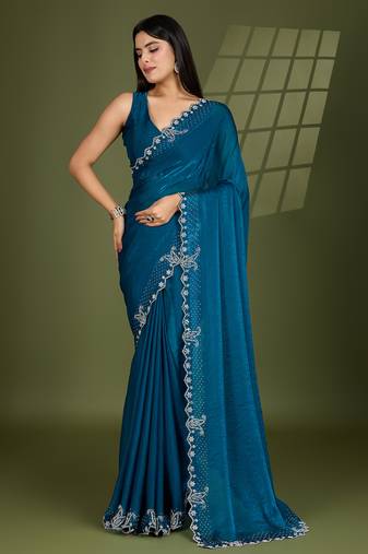 teal silk blend swaroski work saree with unstitched blouse
