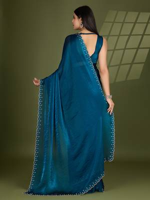 teal silk blend swaroski work saree with unstitched blouse 3
