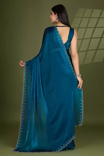 teal silk blend swaroski work saree with unstitched blouse