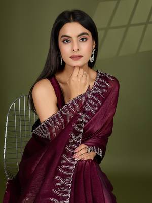 wine silk blend swaroski work saree with unstitched blouse 1