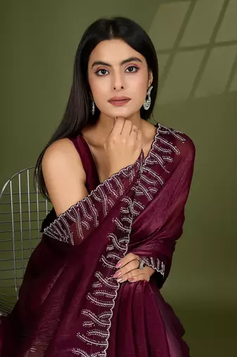 wine silk blend swaroski work saree with unstitched blouse