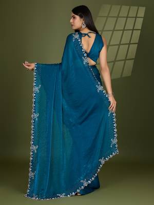 teal silk blend swaroski work saree with unstitched blouse 3