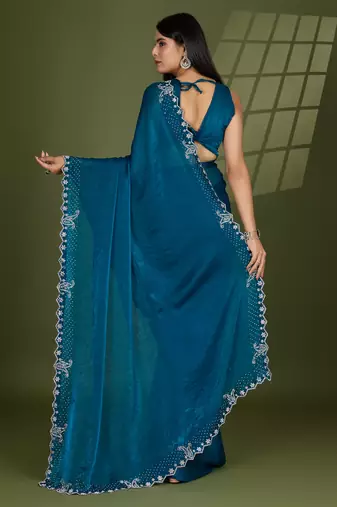 teal silk blend swaroski work saree with unstitched blouse