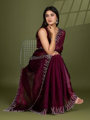 wine silk blend swaroski work saree with unstitched blouse 2