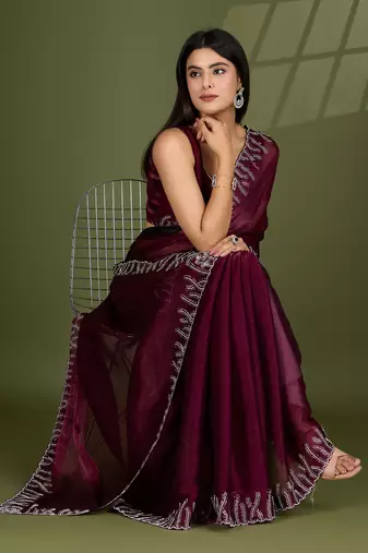 wine silk blend swaroski work saree with unstitched blouse