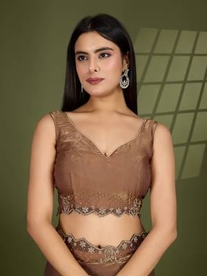 beige silk blend swaroski work saree with unstitched blouse 5
