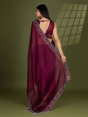 wine silk blend swaroski work saree with unstitched blouse 3