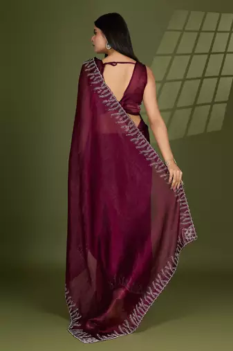wine silk blend swaroski work saree with unstitched blouse