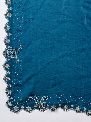 teal silk blend swaroski work saree with unstitched blouse 4