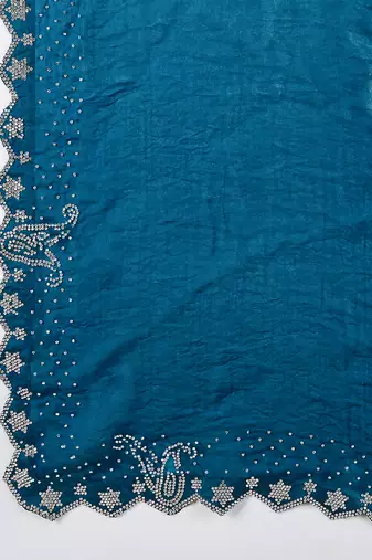 teal silk blend swaroski work saree with unstitched blouse