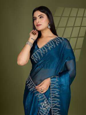 teal silk blend swaroski work saree with unstitched blouse 1