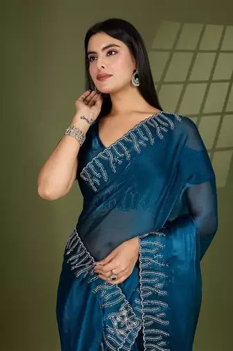 teal silk blend swaroski work saree with unstitched blouse