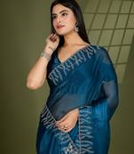 teal silk blend swaroski work saree with unstitched blouse