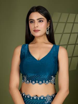 teal silk blend swaroski work saree with unstitched blouse 5