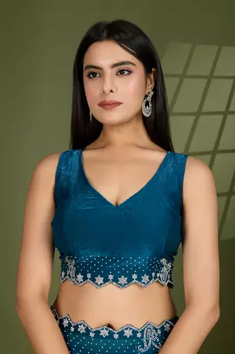 teal silk blend swaroski work saree with unstitched blouse