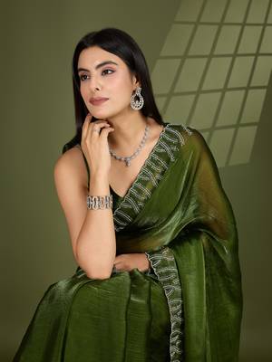 green silk blend swaroski work saree with unstitched blouse 1