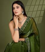 green silk blend swaroski work saree with unstitched blouse