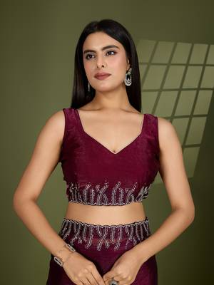 wine silk blend swaroski work saree with unstitched blouse 5