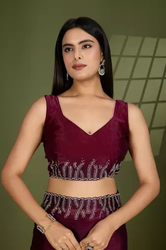 wine silk blend swaroski work saree with unstitched blouse