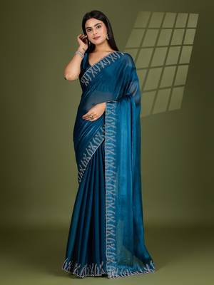 teal silk blend swaroski work saree with unstitched blouse 2