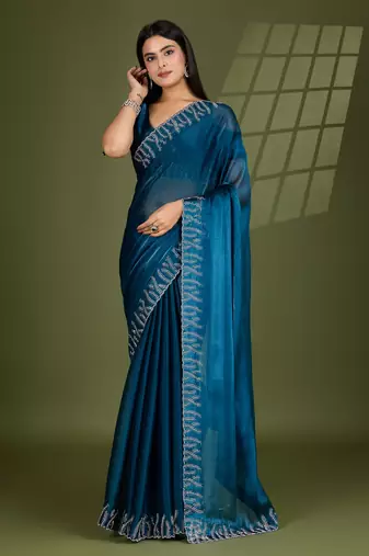 teal silk blend swaroski work saree with unstitched blouse