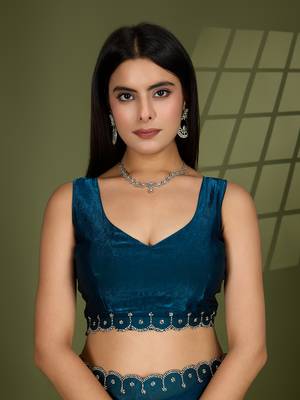 teal silk blend swaroski work saree with unstitched blouse 5
