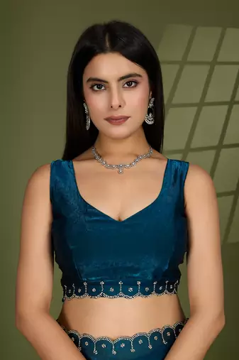 teal silk blend swaroski work saree with unstitched blouse
