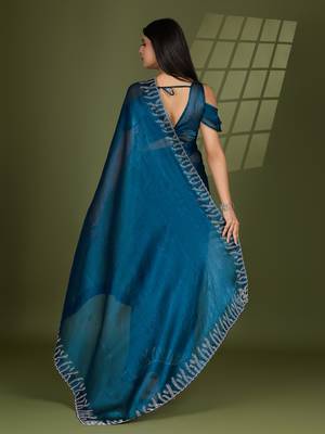 teal silk blend swaroski work saree with unstitched blouse 3