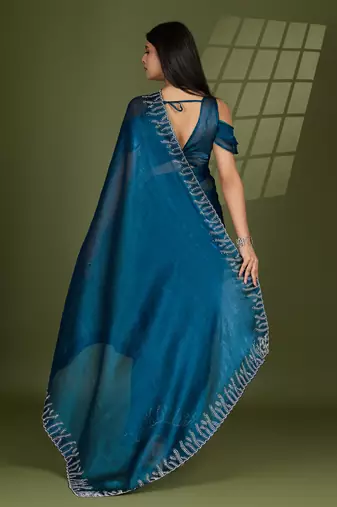 teal silk blend swaroski work saree with unstitched blouse