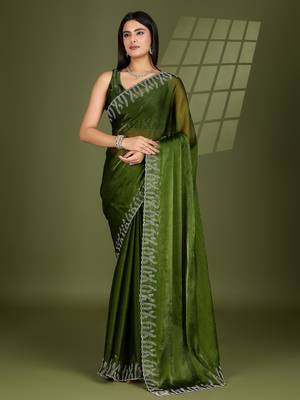 green silk blend swaroski work saree with unstitched blouse 2