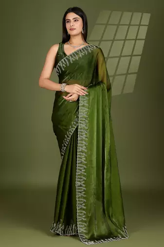 green silk blend swaroski work saree with unstitched blouse